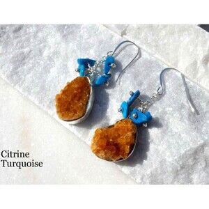 Natural Rough Citrine Turquoise Sterling Silver Dangle Earrings Healing Jewelry